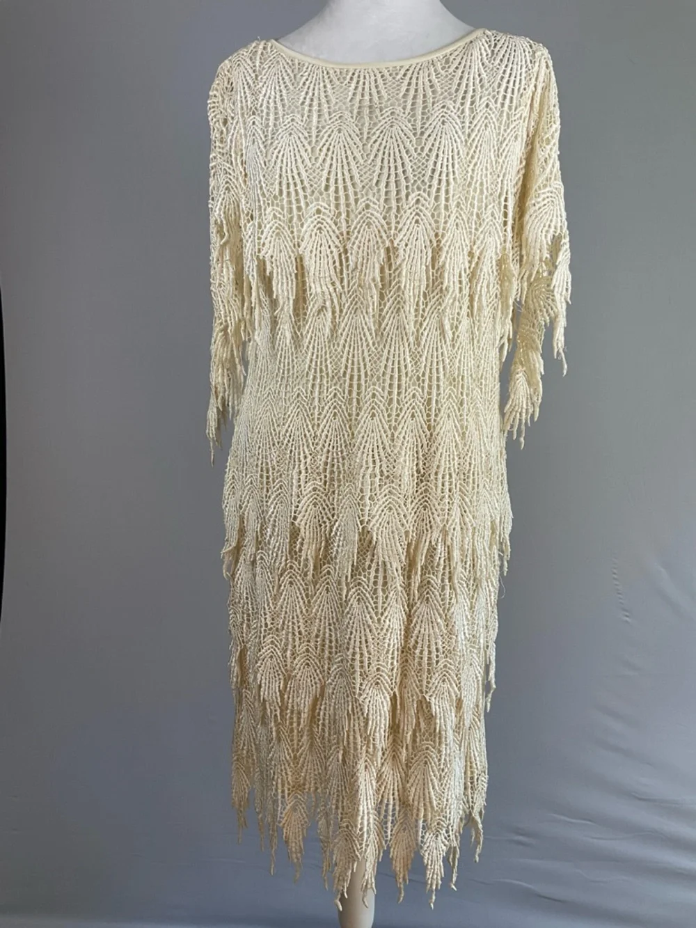 SAMAX Cream Crochet Fringe Mini Dress Lined Boho Coastal Resort Festival - Picture 5 of 16